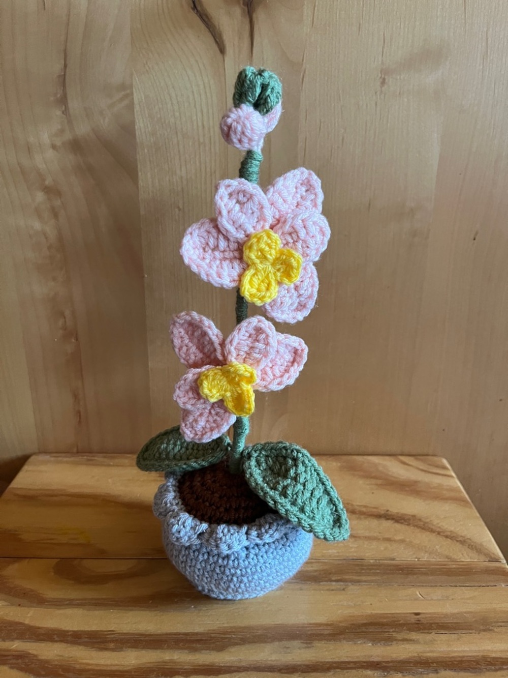 🎉HP🎉 Handmade Crocheted Pink & Yellow Orchid in Gray Pot